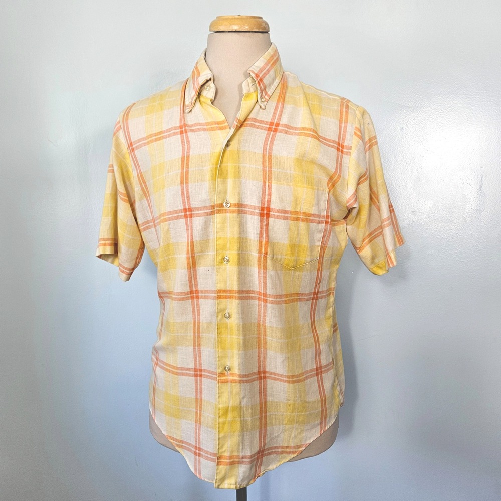 Vtg 70s Kennington Ltd Plaid Short Sleeve Button Down Shirt Yellow Orange Medium